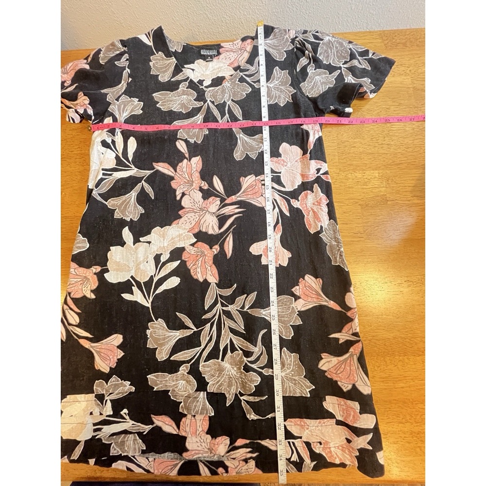 Nicole Miller Womens Linen Blend Black Pink Floral Sz M Short Sleeve Tiered Hem - Picture 7 of 8